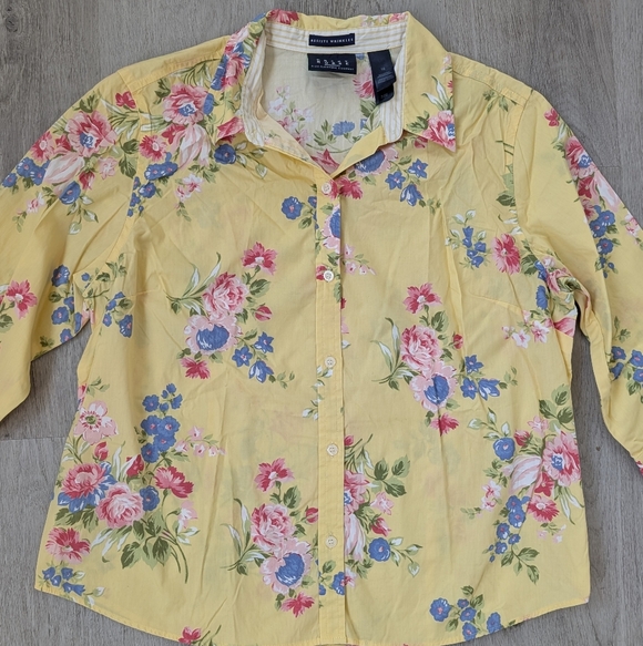 Crazy Horse-Liz Claiborne 100% Cotton Yellow Floral Spring Women's Shirt Size 16 - Picture 3 of 11